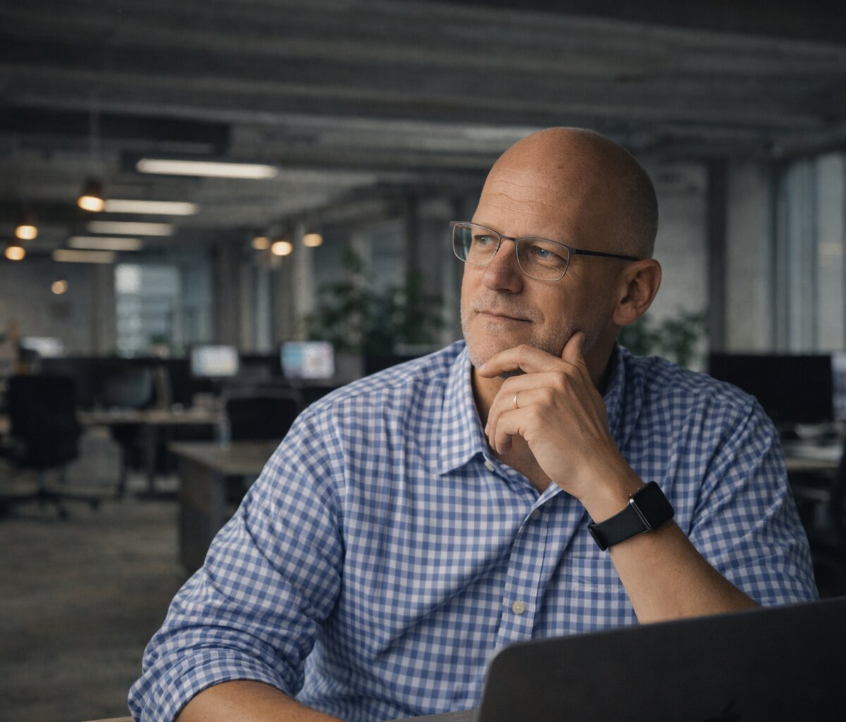 John Viner at his desk, focused on code on a large monitor — natural light, candid